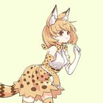 animal_ears bare_shoulders blush_stickers bow bowtie clenched_hands cowboy_shot cross-laced_clothes elbow_gloves extra_ears eyebrows_visible_through_hair eyelashes from_side gloves hand_up kemono_friends looking_at_viewer namec0 oekaki orange_eyes orange_hair paw_pose serval_(kemono_friends) serval_ears serval_print serval_tail shirt short_hair simple_background skirt sleeveless sleeveless_shirt smile solo striped_tail tail tareme thighhighs white_shirt yellow_background zettai_ryouiki 