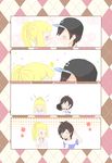  1boy 1girl 4koma black_hair blonde_hair chibi couple hat laughing lillie_(pokemon) male_protagonist_(pokemon_sm) o_o plain_background pokemon pokemon_(game) pokemon_sm ponytail striped_shirt tagme 