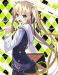  argyle argyle_background bangs black_skirt blonde_hair blue_eyes blush book commentary_request eyebrows_visible_through_hair fang flashlight floating_hair from_side fuotchan highres holding holding_book long_hair looking_at_viewer open_mouth pleated_skirt saenai_heroine_no_sodatekata sawamura_spencer_eriri school_uniform serafuku sketchbook skirt smile solo sweater_vest twintails upper_body very_long_hair 