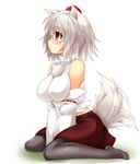  animal_ears bare_shoulders blush breasts detached_sleeves hat highres inubashiri_momiji large_breasts midriff pantyhose profile red_eyes revision ribbon-trimmed_sleeves ribbon_trim short_hair silver_hair simple_background sitting skirt solo tail tail_wagging tokin_hat touhou us2s v_arms wariza white_background wolf_ears wolf_tail 