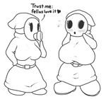 &lt;3 big_breasts breasts english_text female huge_breasts mario_bros mask monochrome nintendo shygirl snifit text unknown_artist video_games 