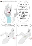  anthro blush breasts canine celeste_(artist) clothed clothing comic english_text female looking_at_viewer mammal masturbation nipples penetration pussy smile solo spread_legs spreading text vaginal vaginal_penetration wolf 