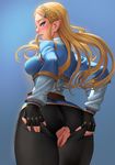 1girl anus ass blonde_hair blue_eyes braid breasts fingerless_gloves from_behind gloves hair_ornament hairclip highres huge_ass large_breasts lasterk leggings long_hair long_sleeves looking_back pointy_ears princess_zelda pussy single_braid solo spread_ass the_legend_of_zelda the_legend_of_zelda:_breath_of_the_wild torn_clothes uncensored 