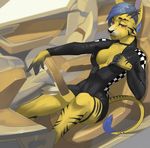  5_fingers angiewolf anthro blue_hair breasts cleavage clothed clothing ear_piercing feline female hair lion mammal navel piercing red_eyes sitting smile solo tail_tuft tuft wide_hips 