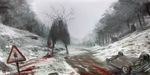  blood_stain car day forest glowing glowing_eyes ground_vehicle looking_at_viewer monster motor_vehicle nachoyague nature no_humans original revision road road_sign sign signature sky snow tree troll upside-down 