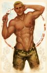  1boy abs alcohol bara blonde_hair blush dragoon_age drunk looking_at_viewer muscle nipples penis rumzrumz smile solo topless undressing 