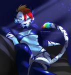  2017 5_fingers angiewolf anthro bra breasts clothed clothing feline hair mammal multicolored_hair navel rainbow_hair sitting smile tiger underwear 