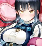  :/ am_(summon_night) bangs black_hair blunt_bangs breasts character_request commentary_request creature eyebrows_visible_through_hair fur_collar fur_trim high_collar jewelry large_breasts lips long_hair long_sleeves looking_at_viewer ogino_atsuki pendant pout quilt_(summon_night) shirt short_eyebrows strap summon_night summon_night_6_lost_borders upper_body white_shirt yellow_eyes 