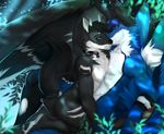  angiewolf anthro black_feathers black_fur black_hair blue_eyes blue_fur blue_hair collar duo feathered_wings feathers fur hair horn hybrid male nude pawpads wings 