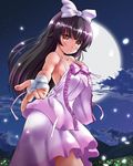  black_hair blush bow brown_eyes chisato_(missing_park) closed_mouth cloud cowboy_shot dark_clouds dress flower_knight_girl full_moon hair_bow long_hair looking_at_viewer moon night outstretched_hand petals pink_bow pink_dress shiny shiny_skin smile solo tsukimisou_(flower_knight_girl) white_bow 