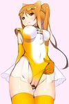  animal_ears bar_censor breasts brown_eyes cameltoe censored covered_navel covered_nipples eyes friends golden_snub-nosed_monkey_(kemono_friends) groin hair_ornament highleg highleg_leotard kemono_friends kurogoma_(haruhi3) large_breasts leotard leotard_pull long_hair looking_at_viewer monkey_ears nipples orange_hair pink_background ponytail pussy see-through simple_background skirt sleeveless solo standing thighhighs yellow_leotard 