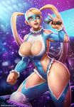  abs blonde_hair blue_eyes blue_leotard boots breasts cleavage commentary domino_mask heart_cutout highres large_breasts leotard long_hair mask microphone rainbow_mika revision smile solo speh street_fighter thick_thighs thighs twintails very_long_hair 