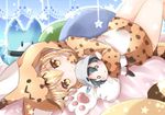  adapted_costume animal_hood blonde_hair blush bow bowtie character_doll commentary_request doll_hug gloves hat higashimura hood hoodie kaban_(kemono_friends) kemono_friends looking_at_viewer lucky_beast_(kemono_friends) lying on_back paw_gloves paws pillow serval_(kemono_friends) serval_print serval_tail short_hair smile solo star tail yellow_eyes 