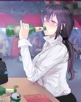  ahoge alcohol bag_charm beer_bottle beer_can beifeng_han black_hair black_skirt blurry blush bottle bottle_cap breasts can charm_(object) collared_shirt depth_of_field drinking drunk elbows_on_table glowing glowing_eyes hair_between_eyes highres large_breasts lips long_hair long_sleeves looking_at_viewer miyaura_sanshio office_lady one_eye_closed open_mouth original pencil_skirt ponytail purple_eyes shirt sitting skirt skirt_set solo_focus wavy_hair white_shirt 