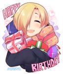  birthday blonde_hair bow closed_eyes commentary_request dated english gift hair_over_one_eye heart holding idolmaster idolmaster_cinderella_girls long_sleeves open_mouth shachi_kamaboko shirasaka_koume short_hair sleeves_past_wrists smile solo upper_body 