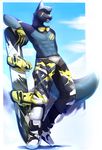  abs angiewolf anthro blue_fur blue_hair canine clothed clothing dog eyewear fur goggles hair male mammal smile snowboard standing topless yellow_eyes 