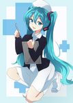  aqua_eyes aqua_hair clipboard commentary_request dress fang full_body hat hatsune_miku headset highres kneeling long_hair looking_at_viewer nel-c nurse nurse_cap open_mouth solo twintails very_long_hair vocaloid 