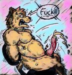  anthro armpit_hair balls bdsm bear bigger bondage bound cum cumshot ejaculation erection fur larger_male male mammal muscular orgasm penis size_difference text were 