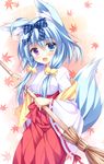  :3 :d absurdres animal_ears bad_id bad_pixiv_id bangs bell blue_eyes blue_hair blue_ribbon blush bow breasts broom brown_background cowboy_shot eyebrows_visible_through_hair falling_leaves fox_ears fox_girl fox_tail hair_bell hair_between_eyes hair_bow hair_ornament hakama hand_up heterochromia highres holding holding_broom japanese_clothes jingle_bell kemonomimi_mode kimono leaf long_hair long_sleeves looking_at_viewer looking_to_the_side low_twintails maple_leaf medium_breasts miko minatsuki_kou nanakuni_kotone natsuiro_kokoro_log open_mouth purple_eyes red_hakama red_skirt ribbon ribbon-trimmed_sleeves ribbon_trim shiny shiny_hair skirt smile solo standing striped striped_ribbon tail twintails two-tone_background white_background white_kimono wide_sleeves 