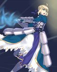  ahoge armor armored_dress artoria_pendragon_(all) blonde_hair blouse fate/stay_night fate_(series) gauntlets green_eyes hair_ribbon invisible_air mizuumi_(bb) open_mouth ribbon saber skirt solo sword weapon 