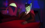  5_fingers angiewolf anthro black_hair clothed clothing detailed_background feline fur green_fur hair holding_object lynx mammal smile spots spotted_fur 