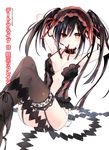  armpits bangs black_choker black_hair black_legwear blush breasts choker clock_eyes date_a_live eyebrows_visible_through_hair frilled_choker frills garter_straps hairband heterochromia highres lingerie lolita_fashion lolita_hairband long_hair looking_at_viewer medium_breasts mouth_hold open_clothes panties panties_removed scan simple_background sitting solo symbol-shaped_pupils thighhighs tokisaki_kurumi tsunako twintails underwear white_background 