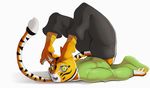  2016 anthro clothed clothing colored eastern exercise feline female flexible green_eyes hi_res lao_tian_(character) looking_at_viewer looking_through_legs mammal midget muscular muscular_female rhodesio short signature simple_background solo stripes tales_of_the_ashes_(series) tiger upside_down white_background 
