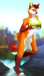  5_fingers angiewolf anthro blurred_background breasts canine digitigrade eyelashes fox fur hair mammal orange_fur pink_eyes pussy red_hair smile solo water wide_hips 