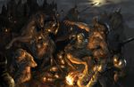  2017 armor axe battle battle_axe belt blood bracers canine castle claws clothing corpse cross death equine fangs finstarr fire flail fur gauntlets gloves glowing glowing_eyes greaves grey_fur helmet hi_res hooves horse jewelry mammal melee_weapon moon necklace night pauldron platemail plume rosary saddle simple_background soldier sword war weapon were werewolf wolf wounded 