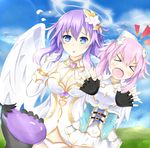  &gt;_&lt; bangs blue_eyes blush braid breasts cleavage closed_eyes eggplant four_goddesses_online:_cyber_dimension_neptune gloves hair_ornament highres large_breasts long_hair mctom multiple_girls neptune_(choujigen_game_neptune) neptune_(series) open_mouth power_symbol purple_hair purple_heart 