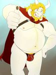  2017 asgore_dreemurr barazoku blonde_hair boss_monster bulge cape caprine clothing facial_hair goat hair horn long_ears long_horns male mammal pubes rohyurdyns smile thumbs_up tongue tongue_out undertale underwear video_games 