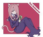  1girl cat_ears dress hair_over_one_eye hat lavender_hair little_witch_academia long_dress long_hair pink_hair red_eyes sharp_teeth smile solo sucy_manbabalan sucy_manbavaran tail teeth witch 