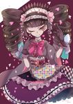 artist_name black_hair bonnet bow celestia_ludenberck checkered danganronpa danganronpa_1 dress drill_hair eyelashes floral_print flower frills gloves gothic_lolita headband heart japanese_clothes lace_trim lolita_fashion long_hair looking_at_viewer one_eye_closed pale_skin patterned_clothing petals red_eyes shiny shiny_hair simple_background smile solo text_focus twintails wide_sleeves yakigurigohan 