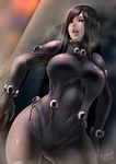  against_wall black_bodysuit black_eyes black_hair bodysuit breasts butcha-u commentary_request covered_navel cowboy_shot gantz gantz_suit heavy_breathing highres large_breasts long_hair looking_at_viewer open_mouth rain shimohira_reika skin_tight solo sweat 