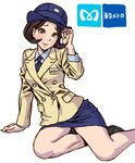  blue_skirt brown_eyes brown_hair ekino_michika hat jacket lips logo miniskirt necktie sitting skirt smile solo tokyo_metro yamashita_shun'ya yokozuwari 