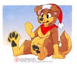  2016 4_toes anthro applepup arm_support bandanna big_eyes black_nose black_pawpads brown_eyes brown_fur brown_tail canine cheek_tuft christmas christmas_light cute digital_media_(artwork) dog fangs floppy_ears front_view full-length_portrait fur gloves_(marking) hat holidays jd_puppy_(character) male mammal markings mostly_nude multicolored_fur multicolored_tail neckerchief open_mouth patreon pawpads paws portrait red_hat santa_hat sitting socks_(marking) solo tan_fur tan_tail toes tuft two_tone_fur two_tone_tail watermark 