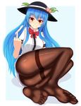  black_hat black_legwear blue_hair blush bow bowtie chinese closed_mouth commentary_request damao_yu dress_shirt feet food frills fruit full_body hat highres hinanawi_tenshi leaf long_hair looking_at_viewer lying middle_finger no_shoes on_side orange_eyes pantyhose peach puffy_short_sleeves puffy_sleeves red_bow red_neckwear revision shirt short_sleeves sidelocks smile soles solo thighband_pantyhose toes touhou very_long_hair white_background white_shirt 