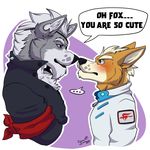  blush canine duo fox fox_mccloud male male/male mammal nintendo soraawoolf star_fox video_games wolf wolf_o&#039;donnell 