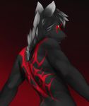  angiewolf anthro bare_back black_hair canine gradient_background grey_hair hair male mammal red_eyes simple_background solo tattoo wolf 