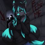  5_fingers angiewolf anthro black_fur black_hair blood blue_eyes blue_hair blue_nose canine clothed clothing female fur hair holding_object holding_weapon knife mammal standing weapon wolf 
