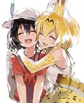  ^_^ animal_ears backpack bag bare_shoulders black_hair bow bowtie breasts closed_eyes elbow_gloves eyebrows eyebrows_visible_through_hair facing_another facing_viewer gloves hair_between_eyes happy hat hat_feather helmet hug kaban_(kemono_friends) kemono_friends medium_breasts multiple_girls nauribon open_mouth orange_hair pith_helmet red_shirt serval_(kemono_friends) serval_ears serval_print serval_tail shirt short_hair short_sleeves sideboob simple_background skirt sleeveless sleeveless_shirt smile striped_tail tail teeth upper_body upper_teeth white_background white_hat white_shirt |d 
