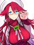  aty_(summon_night) beret blue_eyes blush breasts cape glasses hat highres large_breasts long_hair long_sleeves nishiide_kengorou red_hair red_sweater smile solo summon_night summon_night_3 sweater 