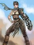  belt black_hair black_scarf breasts brown_eyes cleavage contrapposto dirty_face goggles goggles_on_head hand_on_hip imperator_furiosa mad_max mad_max:_fury_road mechanical_arm medium_breasts scarf short_hair solo standing very_short_hair yamashita_shun'ya 