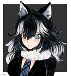  animal_ears between_breasts black_hair blue_eyes breasts fur_collar grey_background grey_wolf_(kemono_friends) heterochromia highres kemono_friends large_breasts long_hair looking_at_viewer multicolored_hair necktie necktie_between_breasts simple_background solo son_(sn_saus) two-tone_hair wolf_ears yellow_eyes 