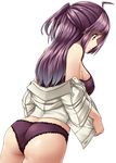  ahoge ass bare_shoulders blouse bra breasts brown_eyes commentary_request hagikaze_(kantai_collection) half_updo highres kamelie kantai_collection light_smile long_hair medium_breasts one_side_up panties purple_bra purple_hair purple_panties short_sleeves simple_background solo underwear undressing white_background white_blouse 