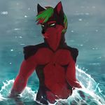  angiewolf anthro black_fur black_nose canine fur green_eyes green_hair hair jewelry mammal necklace partially_submerged red_fur water 