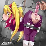  1boy anal anal_beads anus arms_behind_back artist_name ass ass_juice bar_censor blonde_hair censored chicago-x diamond_queen kaitou_joker long_hair long_twintails male_hand nipples object_insertion profile pulling pussy pussy_juice rope saliva sex_toy solo_focus sweat tongue tongue_out torn_clothes trembling twintails vaginal vaginal_object_insertion 