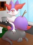  2017 anthro balls big_butt braixen butt dipstick_tail fangs fur girly half-closed_eyes hand_on_butt hi_res inner_ear_fluff inside looking_at_viewer looking_back male multicolored_tail nintendo pandashorts penis pok&eacute;mon shiny_pok&eacute;mon smile solo stick video_games 