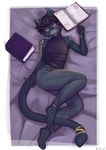  barefoot bed book cat clothing ethriol feline girly jeans licking licking_lips male mammal pants solo tongue tongue_out 