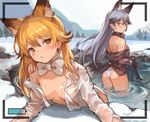  animal_ears ass bangs bare_shoulders black_bow black_gloves black_neckwear blonde_hair bow bowtie breasts commentary_request day ezo_red_fox_(kemono_friends) fox_ears fox_girl fox_tail fur_trim gloves kemono_friends looking_at_viewer medium_breasts multiple_girls onsen outdoors pepeto_(cocoyuzumugi) recording red_eyes shirt silver_fox_(kemono_friends) silver_hair tail wading water wet wet_clothes wet_shirt white_bow white_neckwear yellow_eyes 